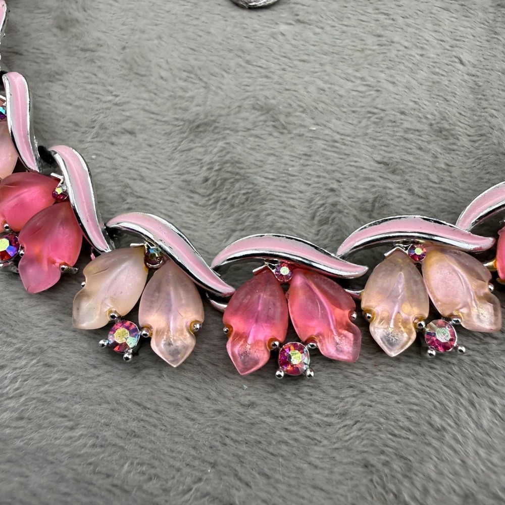 Vintage Lisner Necklace Rhinestone Silver Tone Pink Enamel 13"